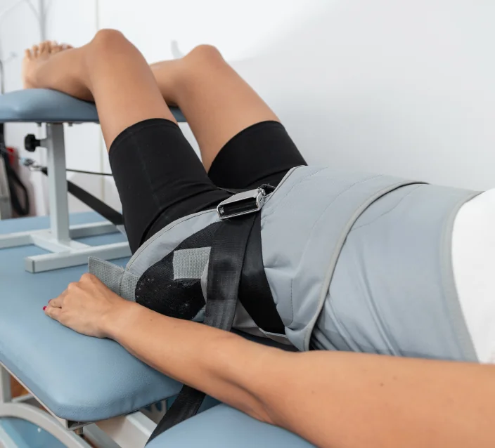 Patient on a spinal decompression table